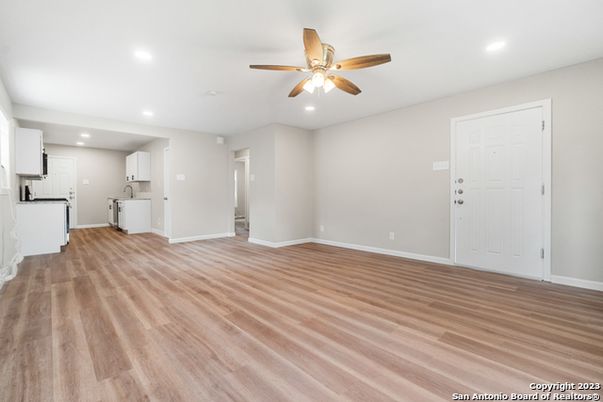 Empty room, Interior, Kitchen, Recessed Lighting, Wood Texture Flooring