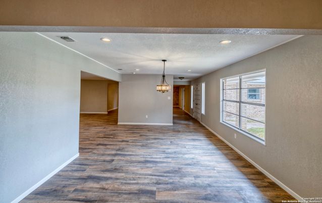 Empty room, Interior, Pendant Lights, Recessed Lighting, Wood Texture Flooring