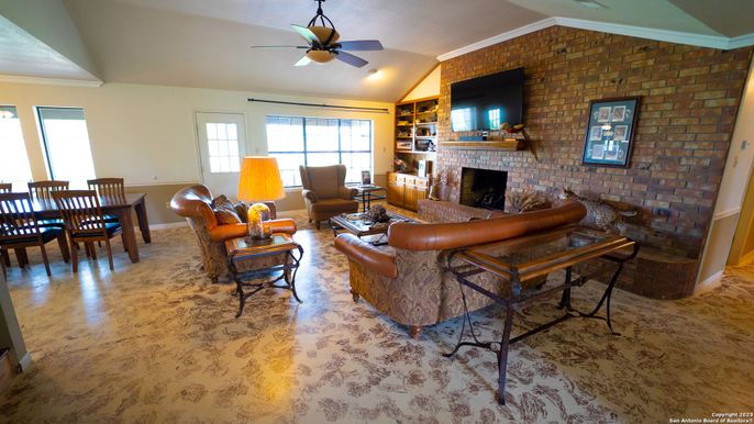 Dining room, Fireplace, Interior, Living room, Stone Walls