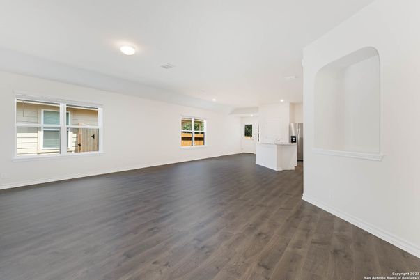 Empty room, Interior, Kitchen, Recessed Lighting, Wood Texture Flooring