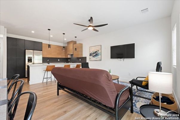 Interior, Kitchen, Living room, Pendant Lights, Recessed Lighting, Stainless Steel Appliances, Wood Texture Flooring