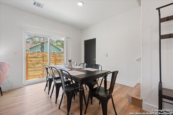 Dining room, Interior, Recessed Lighting, Wood Texture Flooring