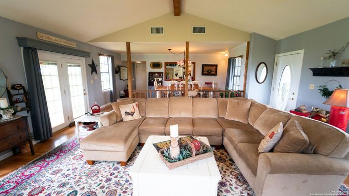 Dining room, Interior, Living room, Pendant Lights, Wooden Beams, Wood Texture Flooring