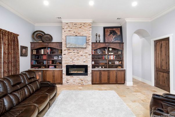 Fireplace, Interior, Living room, Recessed Lighting, Stone Walls