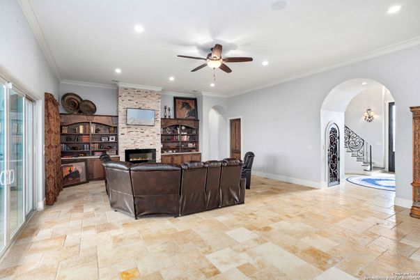 Fireplace, Interior, Living room, Recessed Lighting, Stone Walls