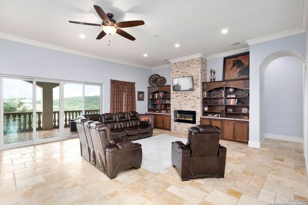 Fireplace, Interior, Living room, Recessed Lighting, Stone Walls