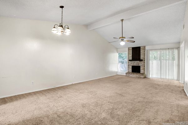Empty room, Fireplace, Interior, Pendant Lights, Stone Walls