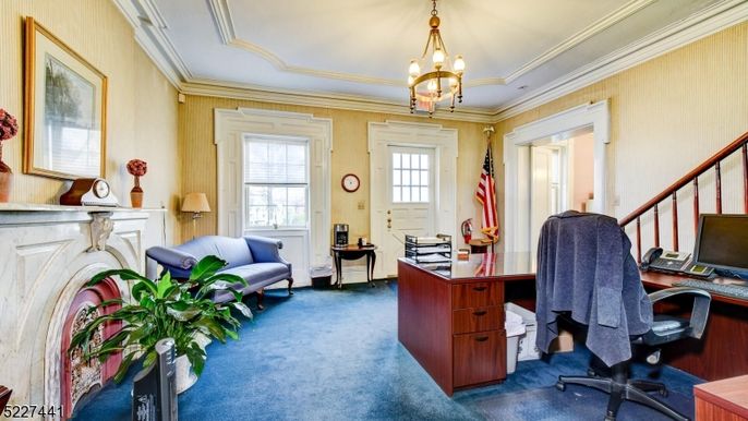 Chandelier, Fireplace, Home Office, Interior
