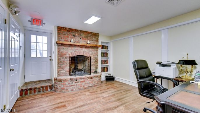 Fireplace, Home Office, Interior, Recessed Lighting, Stone Walls, Wood Texture Flooring