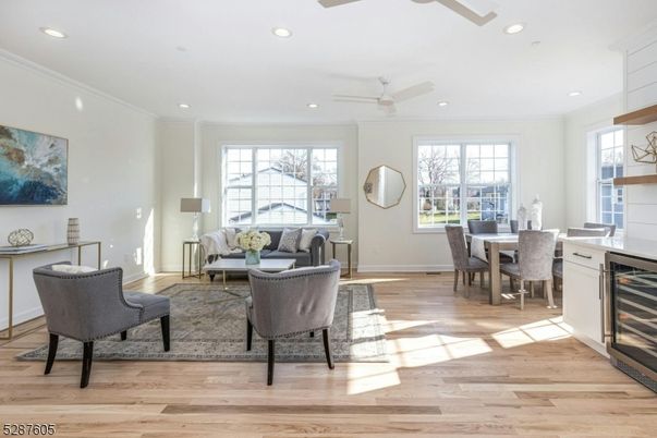 Dining room, Interior, Living room, Recessed Lighting, Wood Texture Flooring