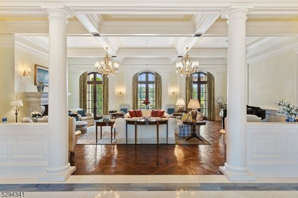Chandelier, Fireplace, Interior, Living room, Wood Texture Flooring