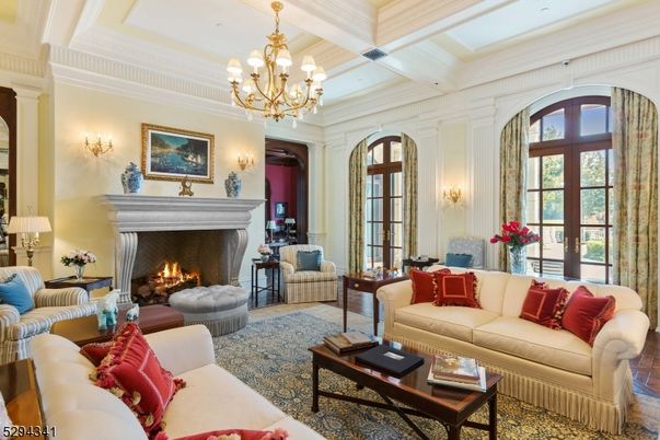 Chandelier, Fireplace, Interior, Living room, Recessed Lighting