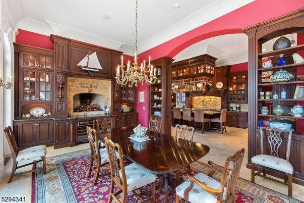 Chandelier, Dining room, Fireplace, Interior, Recessed Lighting