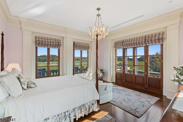 Bedroom, Chandelier, Interior, Wood Texture Flooring