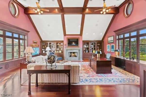 Fireplace, Interior, Living room, Recessed Lighting, Wooden Beams, Wood Texture Flooring