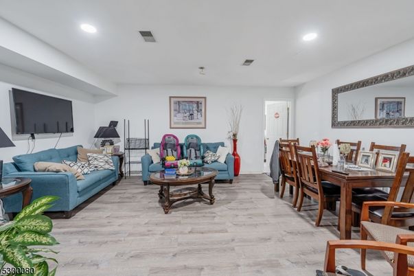 Dining room, Interior, Living room, Recessed Lighting, Wood Texture Flooring
