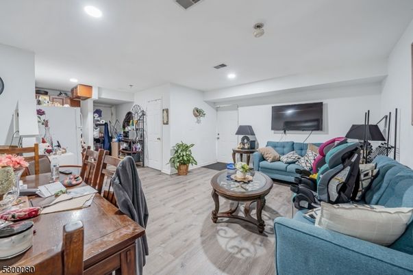 Dining room, Interior, Living room, Recessed Lighting, Wood Texture Flooring