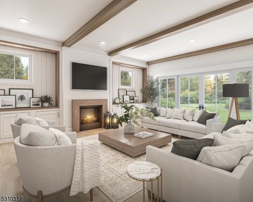 Fireplace, Interior, Living room, Recessed Lighting, Wooden Beams, Wood Texture Flooring