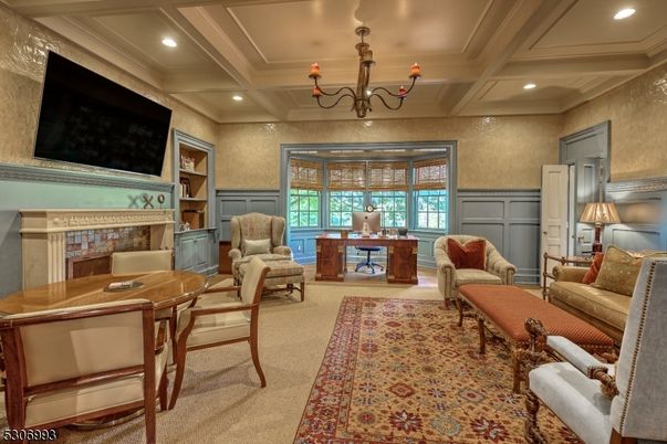Chandelier, Fireplace, Home Office, Interior, Living room, Recessed Lighting