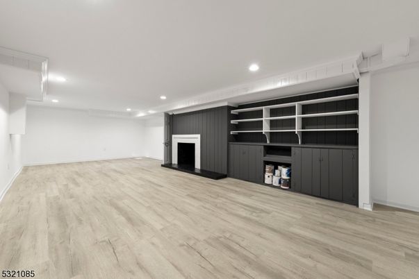Empty room, Fireplace, Interior, Recessed Lighting, Wood Texture Flooring