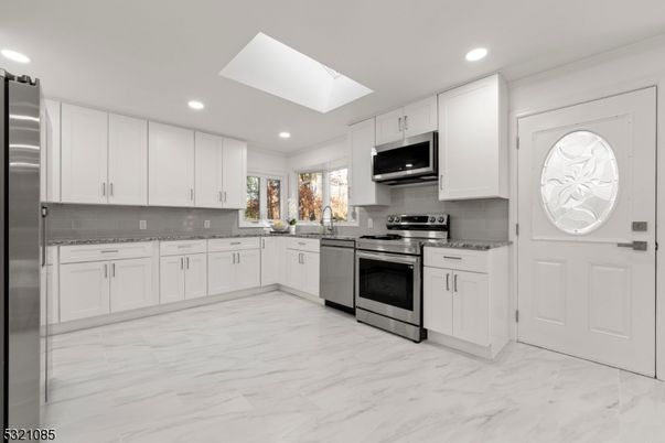 Interior, Kitchen, Marble, Recessed Lighting, Stainless Steel Appliances