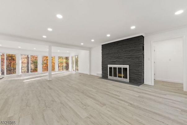 Empty room, Fireplace, Interior, Recessed Lighting, Wood Texture Flooring