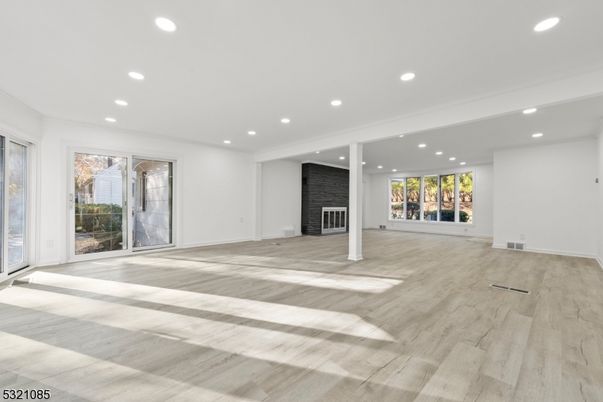 Empty room, Fireplace, Interior, Recessed Lighting, Wood Texture Flooring