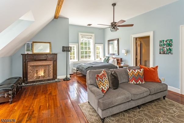 Bedroom, Fireplace, Interior, Living room, Wooden Beams, Wood Texture Flooring