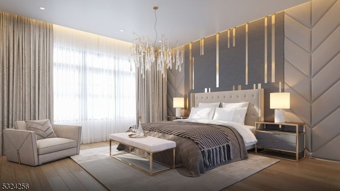 Bedroom, Chandelier, Interior, Recessed Lighting, Wood Texture Flooring