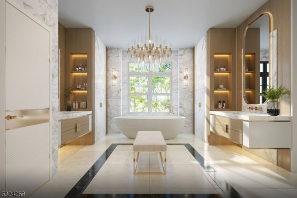 Bathroom, Dual Sink Vanities, Free Standing Baths, Interior, Marble, Marble Walls, Pendant Lights