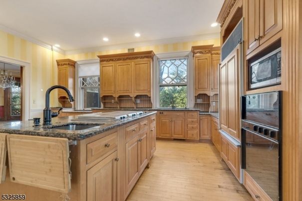 Chandelier, Interior, Kitchen, Recessed Lighting, Stainless Steel Appliances, Wood Texture Flooring