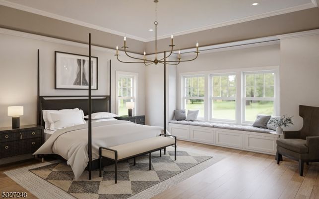 Bedroom, Chandelier, Interior, Recessed Lighting, Wood Texture Flooring