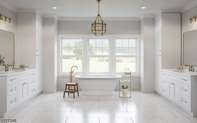 Bathroom, Dual Sink Vanities, Free Standing Baths, Interior, Pendant Lights, Recessed Lighting