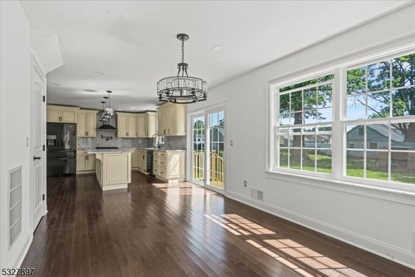 Chandelier, Interior, Kitchen, Pendant Lights, Recessed Lighting, Wood Texture Flooring