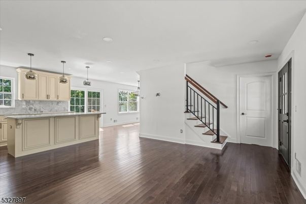 Interior, Kitchen, Marble Walls, Pendant Lights, Wood Texture Flooring