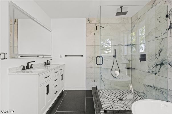 Bathroom, Dual Sink Vanities, Glass Shower, Interior, Marble Walls