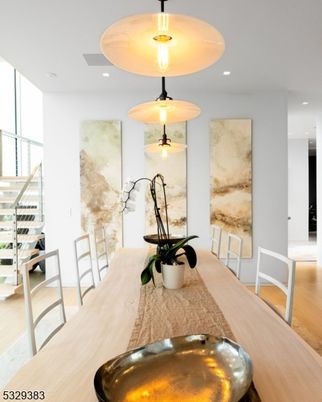 Dining room, Interior, Pendant Lights, Recessed Lighting, Wood Texture Flooring