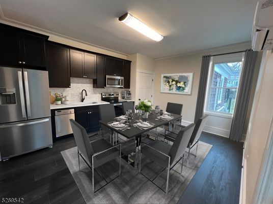 Dining room, Interior, Kitchen, Stainless Steel Appliances, Wood Texture Flooring