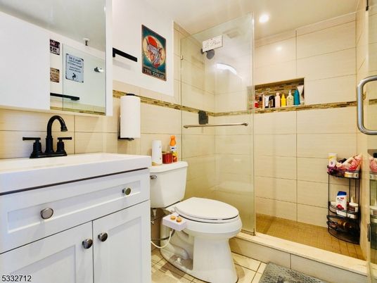 Bathroom, Glass Shower, Interior, Recessed Lighting, Wood Texture Flooring