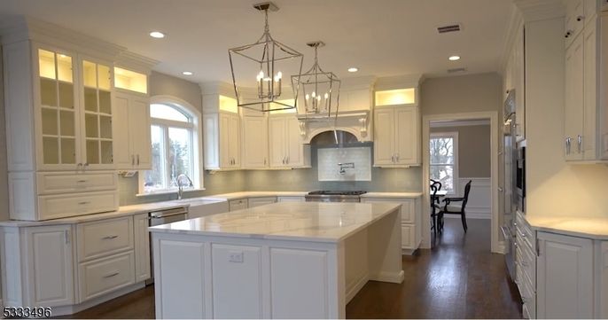 Chandelier, Interior, Kitchen, Pendant Lights, Recessed Lighting, Stainless Steel Appliances, Wood Texture Flooring