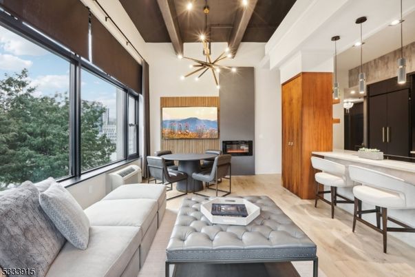 Dining room, Fireplace, Interior, Living room, Pendant Lights, Recessed Lighting, Wooden Beams, Wooden Ceilings, Wood Texture Flooring