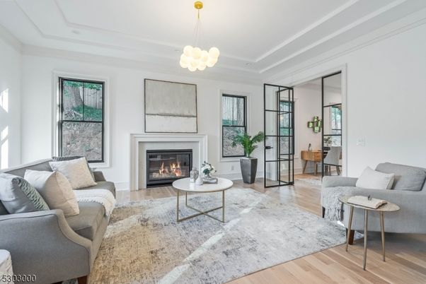 Fireplace, Interior, Living room, Pendant Lights, Wood Texture Flooring