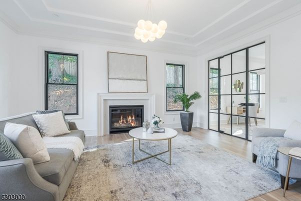 Fireplace, Interior, Living room, Pendant Lights, Wood Texture Flooring