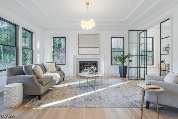 Fireplace, Interior, Living room, Pendant Lights, Wood Texture Flooring