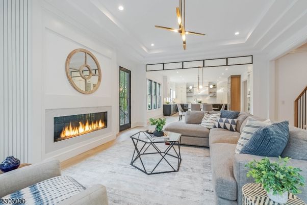 Fireplace, Interior, Kitchen, Living room, Pendant Lights, Recessed Lighting, Wood Texture Flooring