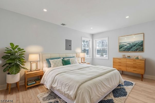 Bedroom, Interior, Recessed Lighting, Wood Texture Flooring