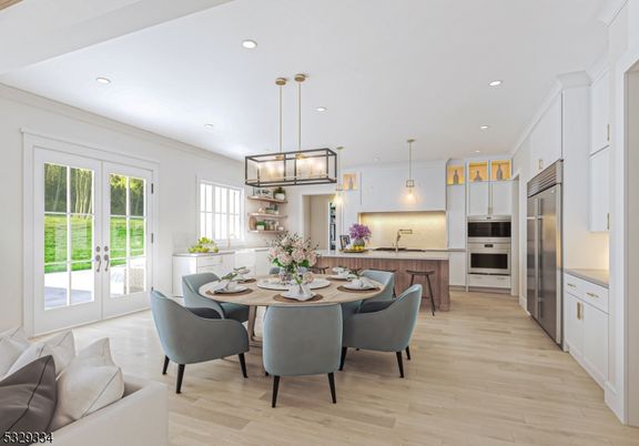 Dining room, Interior, Kitchen, Pendant Lights, Recessed Lighting, Stainless Steel Appliances, Wood Texture Flooring