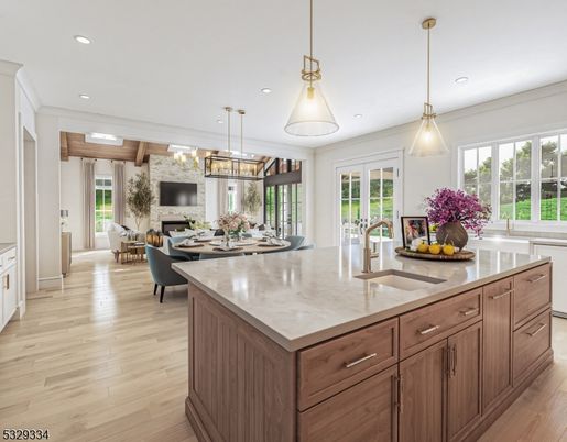 Chandelier, Dining room, Fireplace, Interior, Kitchen, Living room, Pendant Lights, Recessed Lighting, Wood Texture Flooring