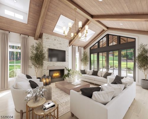 Chandelier, Fireplace, Interior, Living room, Recessed Lighting, Stone Walls, Wooden Beams, Wooden Ceilings, Wood Texture Flooring