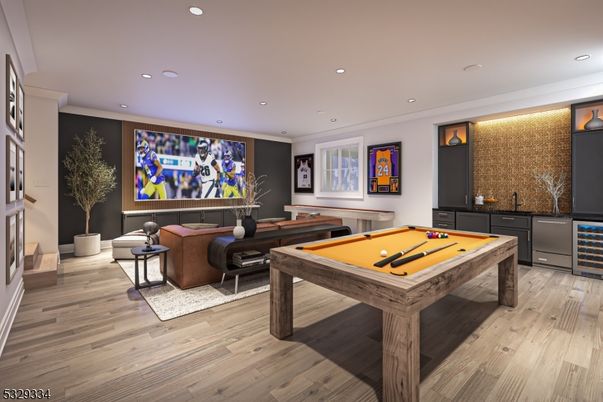 Billiard Table, Game Room, Interior, Living room, Recessed Lighting, Wood Texture Flooring